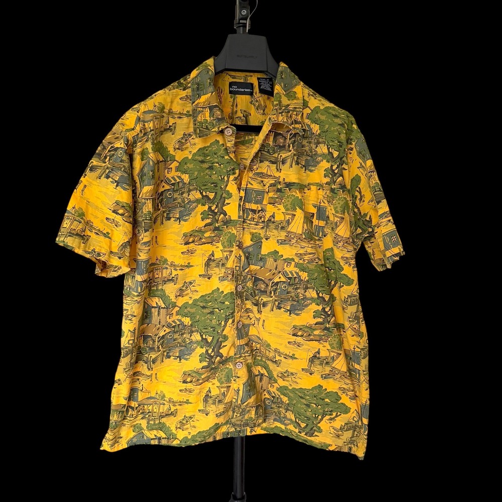 90's No Boundaries XL Yellow Scenic Coastal Print Cotton Short Sleeve Button Up